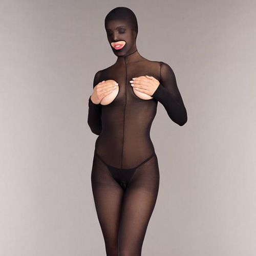 Opaque Cupless PeekABoo Hooded Bodystocking OS Black